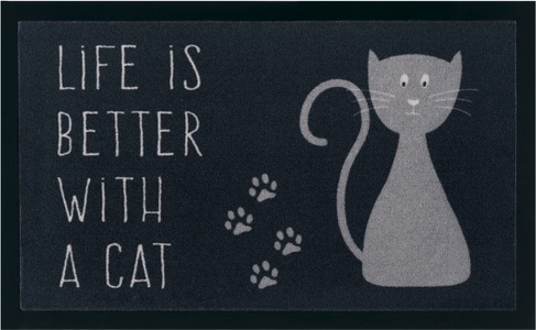 Hanse Home, Hanse Home - Fussmatte - 45 x 75 cm - Grau und Anthrazit, my home Fussmatte »Katze, Türmatte«, rechteckig, 5 mm Höhe, Rutschfest, Tiermotiv, Cat, mit Spruch, Robust, Pflegeleicht