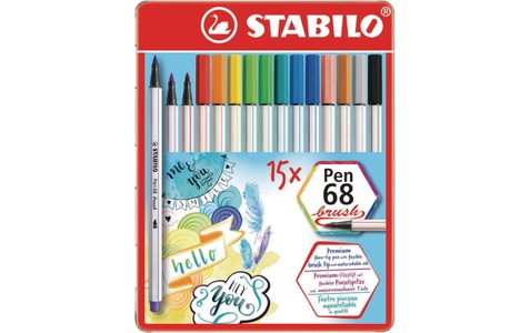 Stabilo, STABILO - Fasermaler mit Pinselspitze Pen 68 brush - 15er Etui Metall, STABILO Fasermaler Pen 68 Brush 568/15-32 ass. 15 Stück Metalletui