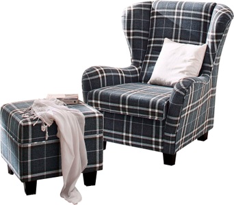 HOME AFFAIRE, Home affaire Sessel »Oliver«, inklusive Hocker, Struktur fein, Karomuster, Home affaire Ohrensessel »Oliver«, Ohrensess,mit Hocker,Zierkissen,Klassische Form