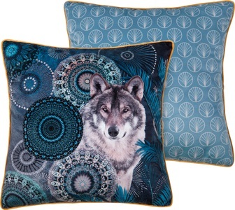 hip, Zierkissen mit Wolf und Mandala-Federmuster, hip Dekokissen »Kiska«, Mit Füllung, 1 Stück, Mit Biese, 30x60, Wendeoptik, Weich, Tier Petrol