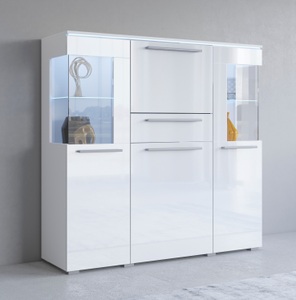 undefined, Highboard, Breite 130 cm, INOSIGN Highboard »India,Breite 130cm, stilvolle Hochkommode 3Türen, Klappe und Schublade«, Hochschrank viel Stauraum, Einlegeböden verstellbar,ohne Beleuchtung