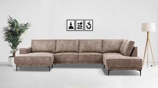 PLACES OF STYLE, Places of Style Wohnlandschaft »XXL Sofa Oland, Struktur, Flachgewebe, Luxus-Microfaser, Boucle«, U-Form, 345 cm, Wellenunterfederung, Skandi-Design, Metallfüsse, GOODproduct Wohnlandschaft »XXL Sofa Oland, Struktur, Flachgewebe, Luxus-Microfaser, Boucle« U-Form, 345 cm, Wellenunterfederung, Skandi-Design, Metallfüsse