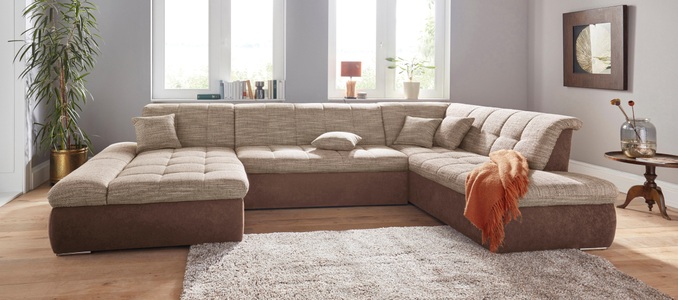 DOMO collection, DOMO collection Wohnlandschaft, DOMO collection Wohnlandschaft »PB Moric wahlweise mit Bettfunktion und Armteilverstellung U-Form«, XXL-Format B/T/H: 353/216/80 cm, feine Steppung, incl. Zierkissen