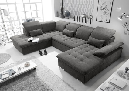 Fredriks, home24 Wohnlandschaft San Benito, MID.YOU Wohnlandschaft in mikrovelours dunkelgrau , Wayne U , Textil , Uni , 340x240 cm , Mikrovelours , Schlafen auf Sitzhöhe, Rücken echt , 002220026712
