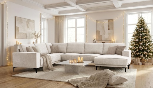 PLACES OF STYLE, Places of Style Wohnlandschaft »XXL Sofa Oland, Struktur, Flachgewebe, Luxus-Microfaser, Boucle«, U-Form, 342 cm, Wellenunterfederung, Skandi-Design, Metallfüsse, GOODproduct Wohnlandschaft »OLAND U-Form, XXL, B: 342 cm, Skandi-Design« Skandi-Design in Struktur, Flachgewebe, Luxus-Microfaser, Boucle