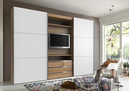 fresh to go, Fresh To Go Schwebetürenschrank »Magic«, mit drehbaren TV-Element, MID.YOU Schwebetürenschrank in weiss, eichefarben , Magic , Metall , 2 Fächer , 3 Schubladen , 300x216x65 cm , matt, Dekorfolie,Nachbildung , 001787056203