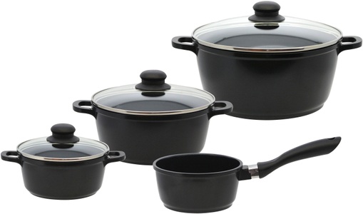 Elo - Basic, Elo Basic Topf-Set »Black Cast« (Set, 10-tlg.), Elo Basic Topf-Set »Black Cast«, Aluminiumguss, (Set, 10 tlg., je 1 Kochtopf 16/20/24 cm, Stielkasserolle 16 cm, 2 Pfannen 24 cm), Induktion