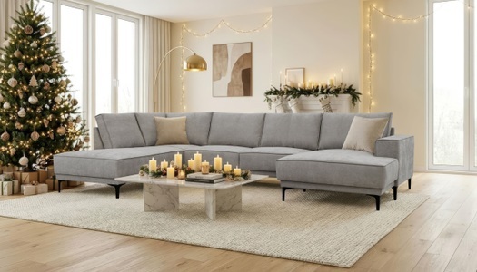PLACES OF STYLE, Places of Style Wohnlandschaft »XXL Sofa Oland, Struktur, Flachgewebe, Luxus-Microfaser, Boucle«, U-Form, 345 cm, Wellenunterfederung, Skandi-Design, Metallfüsse, GOODproduct Wohnlandschaft »XXL Sofa Oland, Struktur, Flachgewebe, Luxus-Microfaser, Boucle« U-Form, 345 cm, Wellenunterfederung, Skandi-Design, Metallfüsse
