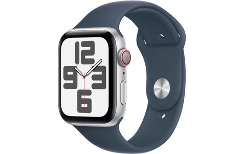 Apple, APPLE Watch SE (GPS + Cellular) 44 mm - Smartwatch (S/M 140-190 mm, Fluorelastomer, Silber/Sturmblau), Apple Watch SE GPS + Cell 44mm Aluminiumgehäuse Sport Band S/M