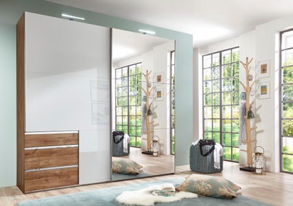 Bruno Banani, bruno banani Schwebetürenschrank in 4 verschiedenen Varianten, MID.YOU Schwebetürenschrank in eichefarben, weiss hochglanz , Level 36 D , Metall , 6 Fächer , 3 Schubladen , 250x236x65 cm , Dekorfolie,Dekorfolie,Nachbildung,Nachbildung , 001787024567