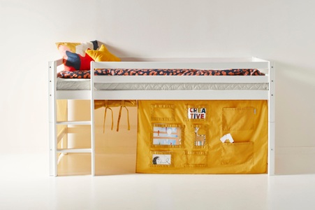 Hoppekids, Hoppekids Hochbett, mit Matratze und Textil-Set, Hoppekids Hochbett »ECO Dream, Kinderbett, Spielbett, Halbhohes Bett aus Massivholz«, inkl. Vorhang-Set Creator, Bettgrösse & Matratze wählbar