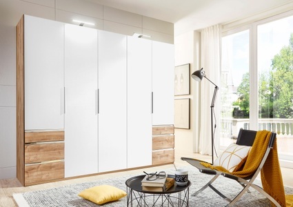 fresh to go, home24 Drehtuerenschrank Level 36A, MID.YOU Drehtürenschrank in weiss, eichefarben , Level 36A 250Cm Weiss/Eiche , Metall, Kunststoff , 3 Fächer , 6 Schubladen , 250x216x58 cm , Dekorfolie,Nachbildung , 001787048704