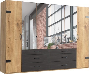 fresh to go, Fresh To Go Kleiderschrank »Detroit«, MID.YOU Drehtürenschrank in graphitfarben, eichefarben , Detroit B: 300 CM Eichefarben , Metall , 4 Fächer , 6 Schubladen , 300x216x58 cm , Dekorfolie,Dekorfolie,Nachbildung,Nachbildung , In verschiedenen Grössen erhältlich , 001787052306