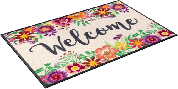 wash+dry, Wash+dry Fußmatte Welcome Blooming, wash+dry by Kleen-Tex Fussmatte »Welcome Blooming«, rechteckig, 7 mm Höhe, Schmutzfangmatte, mit Spruch, rutschhemmend, waschbar