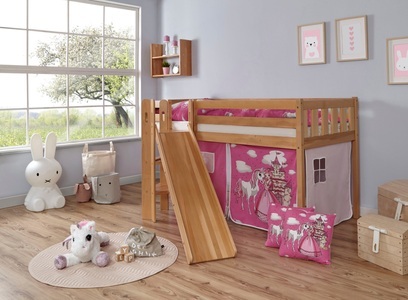 TICAA, Ticaa Hochbett »Ekki«, Ticaa Hochbett »Ekki«, mit Rollrost und Textil-Set wahlweise mit Matratze, Buche