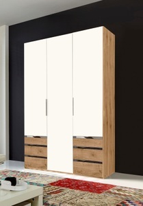 fresh to go, home24 Drehtuerenschrank Level 36A, MID.YOU Drehtürenschrank in weiss, eichefarben , Level 36A 150Cm Weiss/Eiche , Metall, Kunststoff , 2 Fächer , 6 Schubladen , 150x216x58 cm , Dekorfolie,Nachbildung , 001787040704