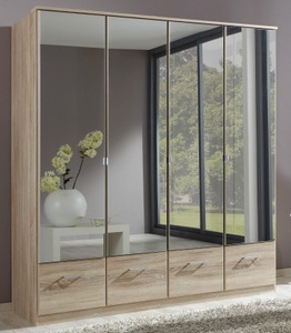 Wimex, home24 Drehtuerenschrank Rajmi (mit Schubladen), MID.YOU Drehtürenschrank in eichefarben , Imago , Glas, Holzwerkstoff , 3 Fächer , 4 Schubladen , 180x199.5x58 cm , Dekorfolie,Dekorfolie,Nachbildung,Nachbildung,Nachbildung , Beimöbel erhältlich, In verschiedenen Grössen erhältlich , 001787054