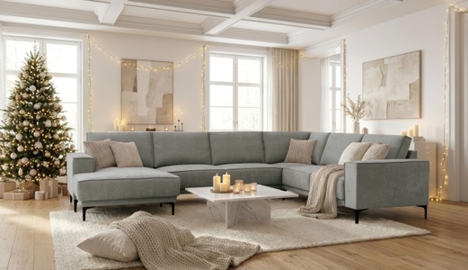 PLACES OF STYLE, Places of Style Wohnlandschaft »XXL Sofa Oland, Struktur, Flachgewebe, Luxus-Microfaser, Boucle«, U-Form, 342 cm, Wellenunterfederung, Skandi-Design, Metallfüsse, GOODproduct Wohnlandschaft »OLAND U-Form, XXL, B: 342 cm, Skandi-Design« Skandi-Design in Struktur, Flachgewebe, Luxus-Microfaser, Boucle