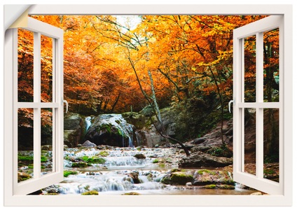 Artland, Artland Wandbild »Fensterblick - Herbstlicher Wasserfall«, Artland Wandfolie »Herbstlicher Wasserfall, weiss«, Fensterblick, (1 St.), selbstklebend