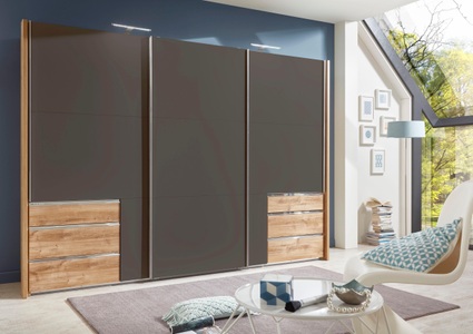 fresh to go, Fresh To Go Schwebetürenschrank »Level«, mit Schubkästen, MID.YOU Schwebetürenschrank in graphitfarben, eichefarben , Level 36A 300Cm Graphit/Eiche , Metall , 3 Fächer , 6 Schubladen , 300x216x65 cm , Dekorfolie,Nachbildung , umfangreiches Zubehör erhältlich, In verschiedenen Grössen erhältlich, in ve