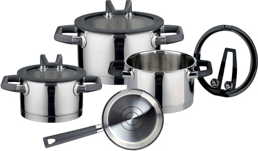 ELO PREMIUM, Elo Premium Topf-Set »Black Pearl« (Set, 7-tlg.), Elo Premium Topf-Set »RONDELLO«, Edelstahl 18/10-Edelstahl 18/8, (Set, 7 tlg., je 1 Fleischtopf Ø 16/20/24 cm, 1x Stieltopf Ø 16 cm), mit integriertem Öl-Dosiersystem, Induktion