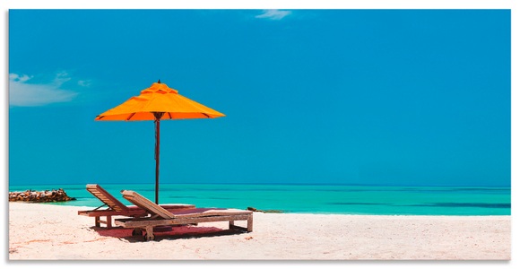 Artland, Artland Wandbild »Liegestuhl Sonnenschirm Strand Malediven«, Artland Wandbild »Liegestuhl Sonnenschirm Strand Malediven«, Strand, (1 St.), als Alubild, Outdoorbild, Leinwandbild, Poster, Wandaufkleber