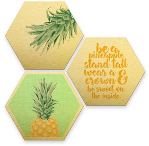 Wall-Art, Wall-Art Mehrteilige Bilder »Goldfarben Effekt Ananas Collage« (Set), Wall-Art Mehrteilige Bilder »Goldfarben Effekt Ananas Collage«, (Set, 3 St.), Metallschild Collage