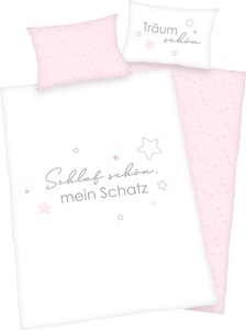 HERDING, HERDING Baby-Bettwäsche SCHLAF SCHÖN (40x60/100x135) in rosa, Baby Best Babybettwäsche »Kleiner Schatz«, mit liebevollem Motiv und Schriftzug
