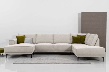 PLACES OF STYLE, Places of Style Wohnlandschaft »XXL Sofa Oland, Struktur, Flachgewebe, Luxus-Microfaser, Boucle«, U-Form, 345 cm, Wellenunterfederung, Skandi-Design, Metallfüsse, GOODproduct Wohnlandschaft »XXL Sofa Oland, Struktur, Flachgewebe, Luxus-Microfaser, Boucle« U-Form, 345 cm, Wellenunterfederung, Skandi-Design, Metallfüsse