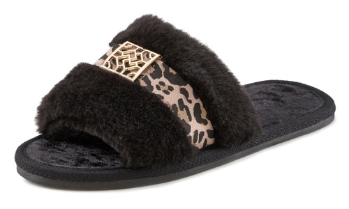 VIVANCE, Vivance Hausschuh, mit Print-Applikation vegan, Vivance Hausschuh »Pantolette«, kuscheliges Fellimitat, Plüschhausschuh Animal-Print VEGAN
