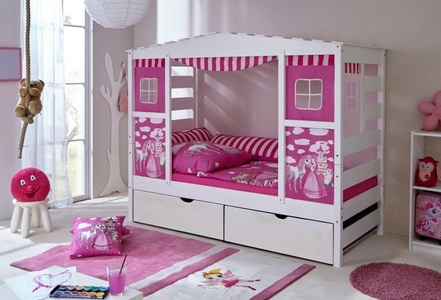TICAA, Ticaa Kinderbett in Hausoptik »Lio« aus massiver Kiefer, mit Schubkästen »Melanie«, Ticaa Kinderbett »Lio«, Hausbett 90x200, inkl. Schubkasten und Rollrost