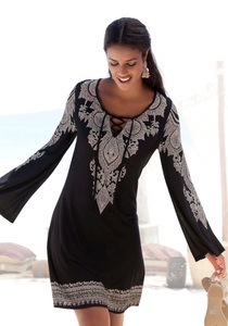 Lascana, LASCANA Strandkleid, LASCANA Jerseykleid, mit Bordürendruck und Schnürung am Ausschnitt, Sommerkleid