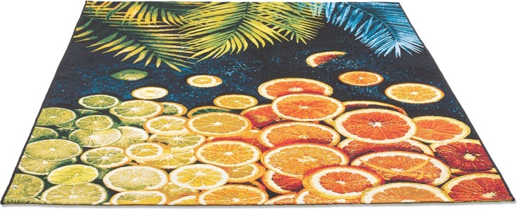 Sansibar, Sansibar Teppich »Rantum Beach 004«, rechteckig, 5 mm Höhe, Flachgewebe, modernes Sommer Design, Motiv Orangenscheiben und Palmenblätter, In- & Outdoor geeignet, Wohnzimmer, Sansibar Teppich »Rantum Beach 004«, rechteckig, 5 mm Höhe, Flachgewebe, modernes Sommer Design, In- und Outdoor geeignet