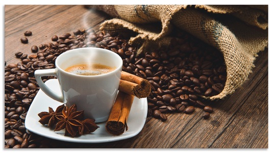 Artland, Artland Küchenrückwand »Kaffeetasse Leinensack mit Kaffeebohnen«, Artland Küchenrückwand »Kaffeetasse Leinensack mit Kaffeebohnen«, (1 tlg.), Alu Spritzschutz mit Klebeband, einfache Montage