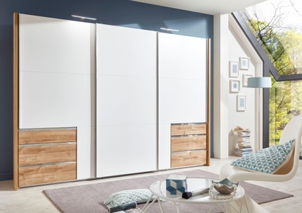Wimex, home24 Schwebetuerenschrank level 36A, MID.YOU Schwebetürenschrank in weiss, eichefarben , Level 36A 300Cm Weiss/Eiche , Metall , 3 Fächer , 6 Schubladen , 300x216x65 cm , Dekorfolie,Nachbildung , umfangreiches Zubehör erhältlich, In verschiedenen Grössen erhältlich, in verschiedene