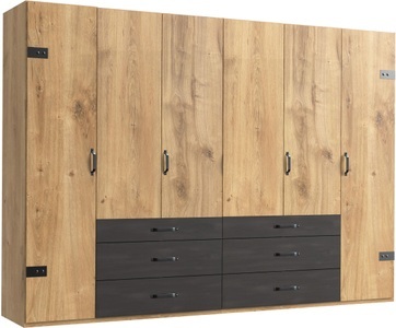 fresh to go, Fresh To Go Kleiderschrank »Detroit«, MID.YOU Drehtürenschrank in graphitfarben, eichefarben , Detroit B: 300 CM Plankeneiche , Metall , 4 Fächer , 6 Schubladen , 300x216x58 cm , Dekorfolie,Dekorfolie,Nachbildung,Nachbildung , In verschiedenen Grössen erhältlich , 001787052303