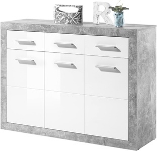 mooved, home24 Kommode Rognan I, HBZ Kommode »Stone 2 weiss Glanz, BxHxT 117x88x37 cm«, Kommode mit 3 Türen, 3 Schubkästen, 2 Einlegeböden