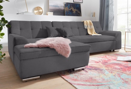 DOMO collection, DOMO collection Ecksofa, DOMO collection Ecksofa »Aversa, moderne Steppung, geschwungene Armlehnen, Breite 267cm« L-Form, wahlweise mit Bettfunktion