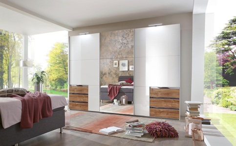 Bruno Banani, bruno banani Schwebetürenschrank in 4 verschiedenen Varianten, MID.YOU Schwebetürenschrank in eichefarben, weiss hochglanz , Level 36 D , Metall , 6 Fächer , 6 Schubladen , 300x236x65 cm , Dekorfolie,Dekorfolie,Nachbildung,Nachbildung , 001787024568