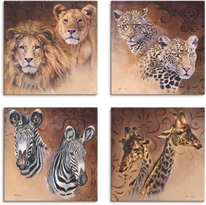 Artland, Artland Leinwandbild »Löwen Leoparden Zebra Giraffen«, Artland Leinwandbild »Löwen Leoparden Zebra Giraffen«, Wildtiere, (4 St.), 4er Set, verschiedene Grössen