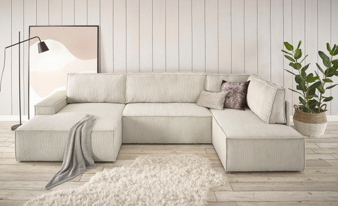 PREMIUM COLLECTION BY HOME AFFAIRE, Premium collection by Home affaire Wohnlandschaft »SHERWOOD«, mit Bett-Funktion (Liegefläche 194x139 cm), Bettkasten, mit 4 losen Rückenkissen, hochwertiger Cord-Bezug, Home affaire Wohnlandschaft »SHERWOOD XXL 329 cm, U-Form, Schlafsofa,«, Schlaffunktion m. Bettkasten (194x139 cm), Cord, Vintage, Samtvelours