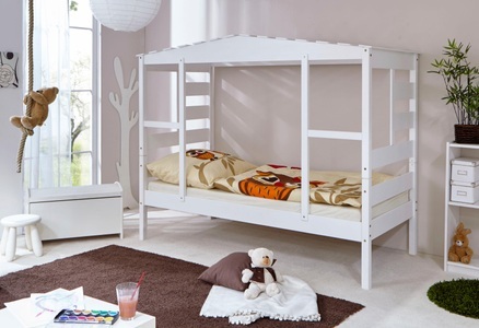 TICAA, Ticaa Kinderbett in Hausoptik »Lio« aus massiver Kiefer, Liegefläche 90x200 cm, Ticaa Kinderbett »Lio«, Hausbett 90x200, aus Kiefer Massivholz, inkl. Rollrost