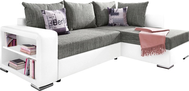 COLLECTION AB, COLLECTION AB Ecksofa, mit Bettfunktion, Bettkasten und Regalarmteil, Ottomane links oder rechts montierbar, wahlweise mit Federkern, frei im Raum stellbar, COLLECTION AB Ecksofa »John L-Form« mit Bettfunktion, Bettkasten und integriertem Regal