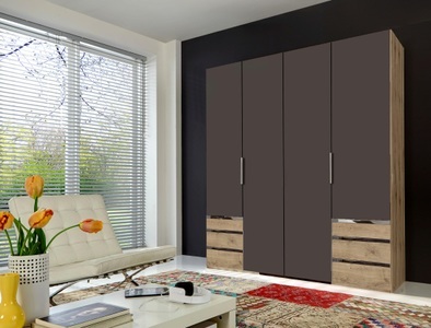 fresh to go, Fresh To Go Kleiderschrank »Level«, MID.YOU Drehtürenschrank in graphitfarben, eichefarben , Level 36A 200Cm Graphit/Eiche , Metall, Kunststoff , 2 Fächer , 6 Schubladen , 200x216x58 cm , Dekorfolie,Nachbildung , 001787042505