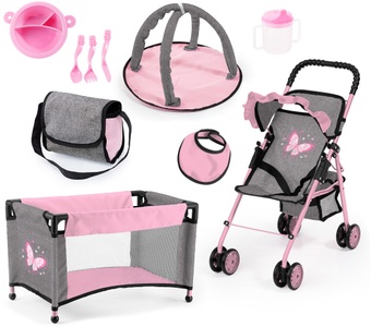 Bayer, Bayer Puppenbuggy »grau/rosa«, (Set), mit Puppenbett, Wickeltasche, Geschirr, Flasche, Latz und Spielbogen, 