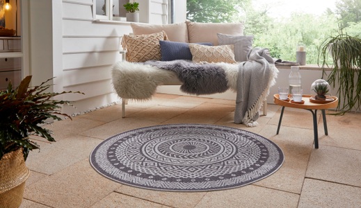 LEONIQUE, Leonique Teppich »Sia«, rund, 3 mm Höhe, In-und Outdoor geeignet, Mandala, Rund, Wohnzimmer, Balkon, Terrasse, Garten, Pflegeleicht, Flachgewebe, 