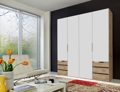 fresh to go, home24 Drehtuerenschrank Level 36A, MID.YOU Drehtürenschrank in weiss, eichefarben , Level 36A 200Cm Weiss/Eiche , Metall, Kunststoff , 2 Fächer , 6 Schubladen , 200x216x58 cm , Dekorfolie,Nachbildung , 001787042504