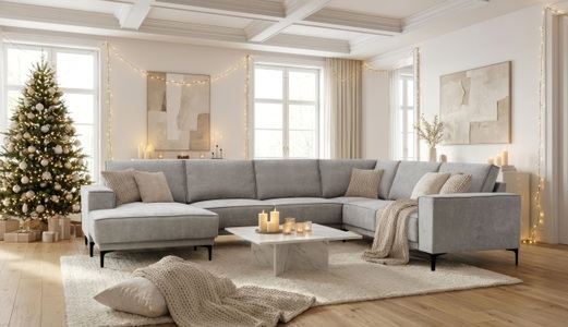 PLACES OF STYLE, Places of Style Wohnlandschaft »XXL Sofa Oland, Struktur, Flachgewebe, Luxus-Microfaser, Boucle«, U-Form, 342 cm, Wellenunterfederung, Skandi-Design, Metallfüsse, GOODproduct Wohnlandschaft »OLAND U-Form, XXL, B: 342 cm, Skandi-Design« Skandi-Design in Struktur, Flachgewebe, Luxus-Microfaser, Boucle