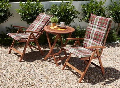 Merxx, MERXX Gartenmöbelset »Borkum«, 5-tlg., 2 Hochlehner, Tisch Ø 65 cm, klappbar, Eukalyptus, MERXX Balkonset »Borkum, TOPSELLER!«, (5 tlg., 2x Klappsessel, inkl. Sitz- und Rückenkissen, 1x Klapptisch Ø 65 cm), Eukalyptusholz, FSC Mix, geeignet für 2 Personen