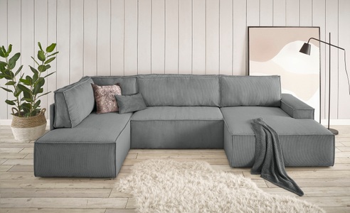 PREMIUM COLLECTION BY HOME AFFAIRE, Premium collection by Home affaire Wohnlandschaft »SHERWOOD«, mit Bett-Funktion (Liegefläche 194x139 cm), Bettkasten, mit 4 losen Rückenkissen, hochwertiger Cord-Bezug, Home affaire Wohnlandschaft »SHERWOOD XXL 329 cm, U-Form, Schlafsofa,«, Schlaffunktion m. Bettkasten (194x139 cm), Cord, Vintage, Samtvelours
